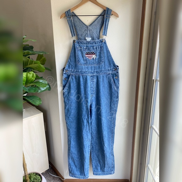 Vintage Overalls size Large women’s Embroidered American Flag Straight Leg L - Picture 1 of 12